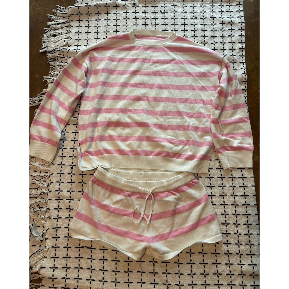 SHEIN 2-Piece Pink and White Striped Knit Loungewear Set (Size Lg)